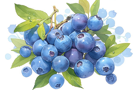 各种水果树叶间的蓝莓插画