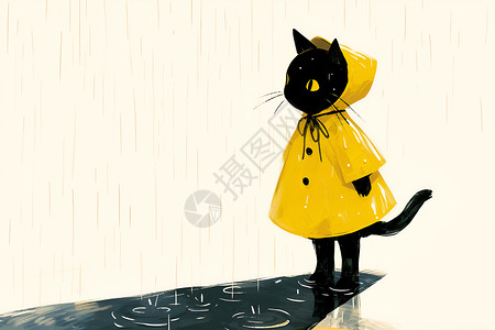 黄色猫咪黑猫穿着黄色雨衣插画