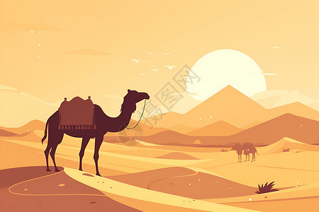 骆驼日日落下的沙漠沙丘和骆驼插画