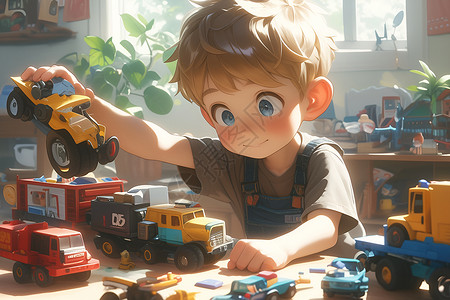 儿童房一角男孩在房间玩耍卡车玩具插画