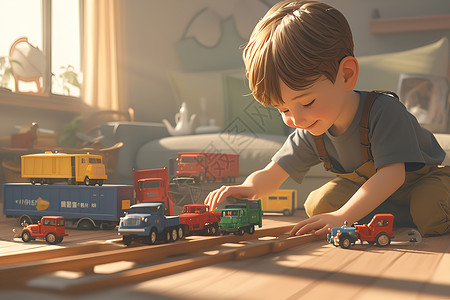 儿童房墙面男孩在儿童房间里玩卡车玩具插画