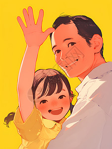 孩子挥手阳光下欢乐的父女插画