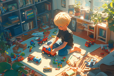 儿童房一角男孩在地板上玩卡车玩具插画