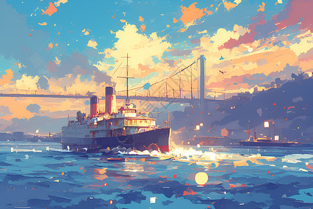 海浪小船蒸汽轮船行驶在海面上插画