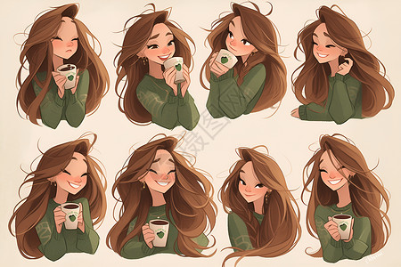 女孩幸福的喝着咖啡插画