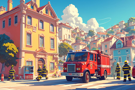 干粉灭火消防车停在住宅区周围插画