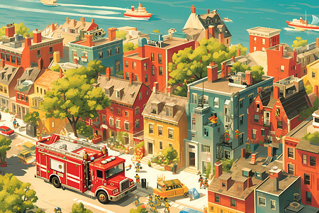 红色工服消防员一辆红色消防车停在住宅区周围插画