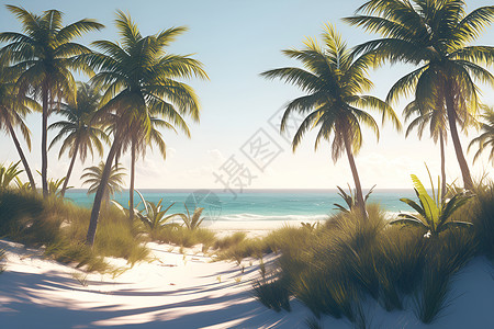 白天海海滩与椰树交相辉映插画