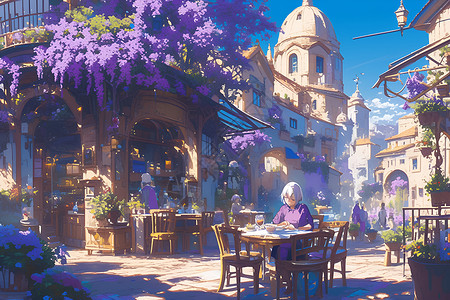 紫裙子老奶奶在咖啡桌高清图片