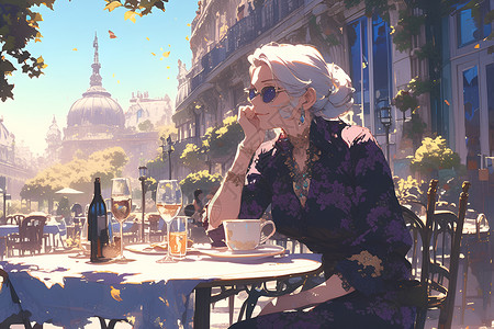 优雅紫裙老夫人品味下午茶高清图片
