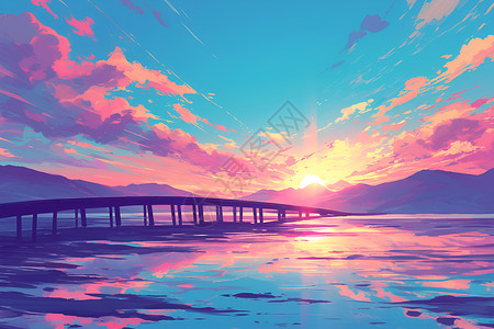 昆士兰州海滩日落时分下的一座横跨海水的桥梁插画