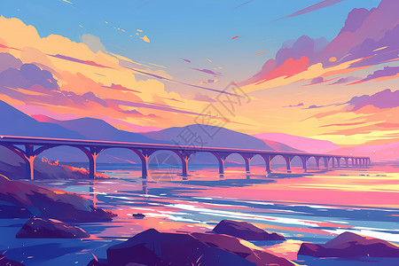 海上粗糙桥夕阳下的海上大桥插画