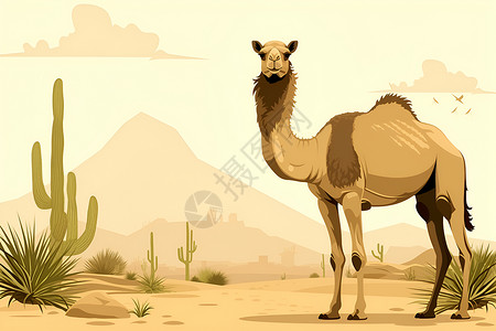 宁静沙漠中一头温顺的骆驼插画