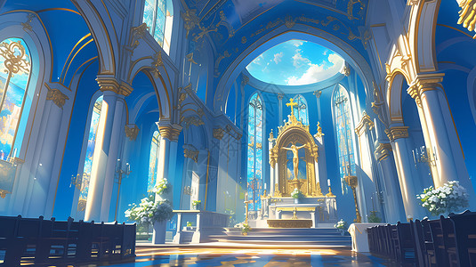 婚姻的殿堂宛如仙境的蓝色教堂插画