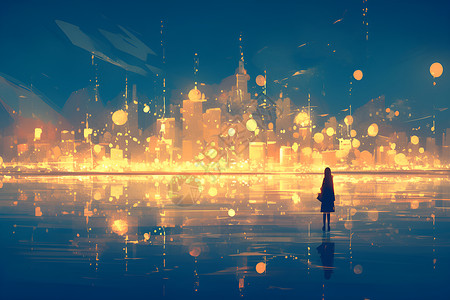 星光闪闪灯光湖边的繁华城市插画