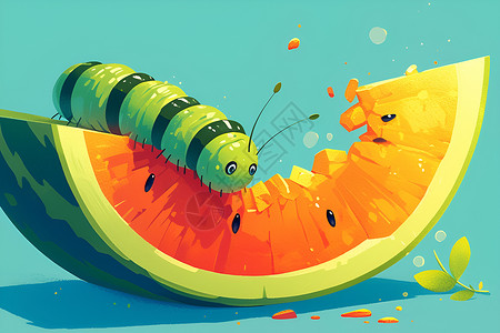 卡通打伞的西瓜虫子吃西瓜插画