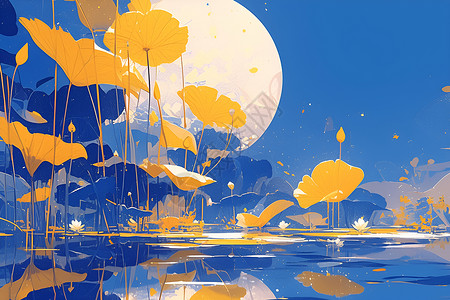阳光下的梧桐叶阳光照耀下的湖水插画