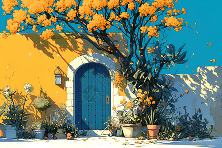 壁灯素材黄房蓝门前有花盆插画