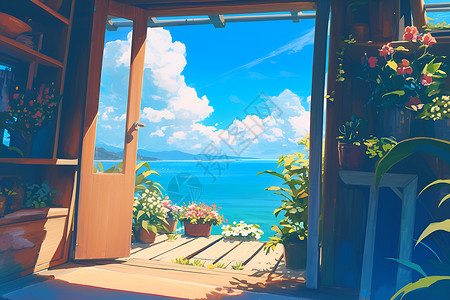 窗外海景浪漫房屋外的海景插画