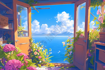 阳台花园海洋和小屋花园插画
