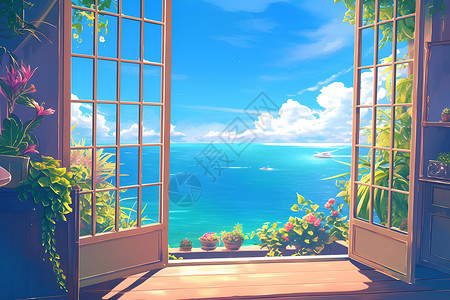 露台景观碧海蓝天间的窗户景观插画