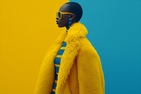 时尚女人在黄蓝撞色背景前高清图片