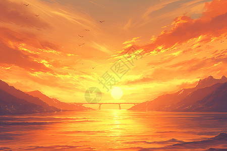 海上粗糙桥夕阳下的海上有一座桥插画