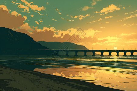 海上粗糙桥海上日落的桥梁插画