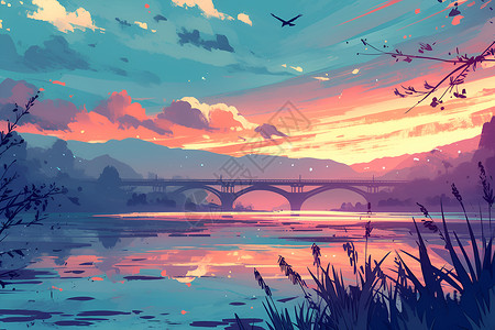 贵州大桥夕阳下的海洋桥梁插画