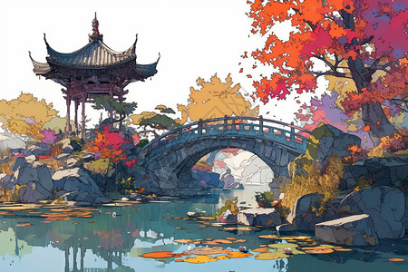 公园木桥水天一色的公园插画