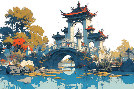 传统庭院传统桥梁和池塘插画