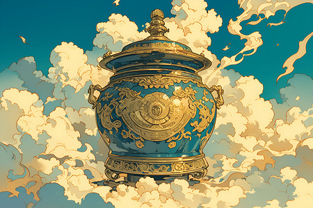静谧云天中的古朴青铜罐子插画