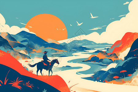 骑马的人骑马人日落美景下插画