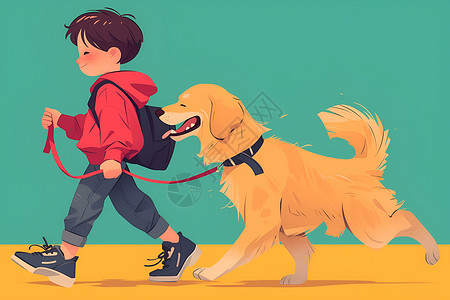 拉着绳子的男孩男孩牵着狗散步插画