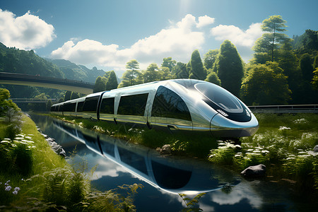 交通数字素材列车穿越郁郁葱葱的河流插画