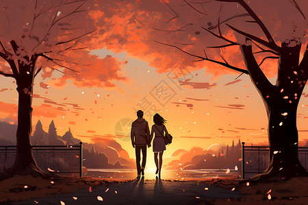 公园日落日落下在公园漫步的情侣插画