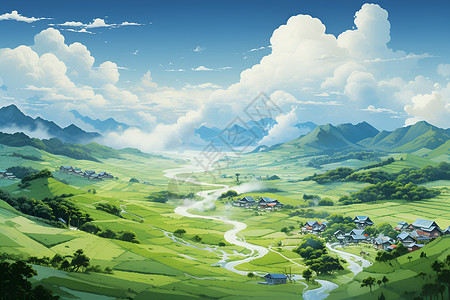 天地自然宁静的山峦与村庄插画