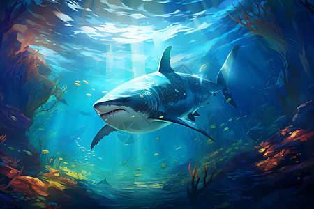 深海海底鲨鱼深海奇遇插画