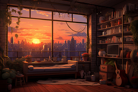 书房窗户边的日落背景图片