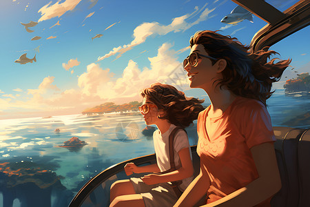 坐在船上的女孩两人乘船旅行插画