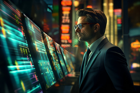 黑色上戴眼镜男子观察数据屏幕背景