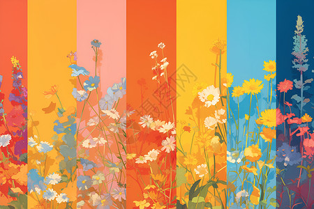 不同色块色块上的不同鲜花插画