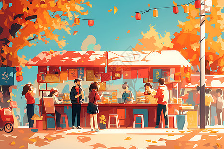 户外餐饮秋日城市中的美食插画