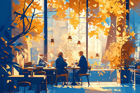 捡落叶秋日的咖啡馆插画