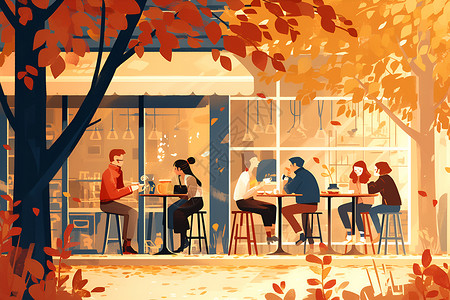客人来访咖啡馆的温馨氛围插画