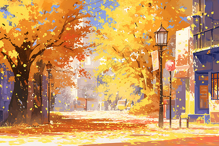 亮着的路灯秋天的街道插画