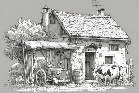 农庄田园农村拖拉机和奶牛插画