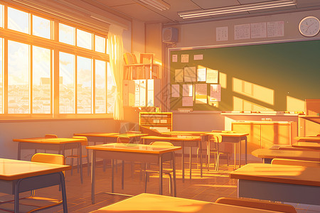 明亮的窗户温暖光影中的教室插画