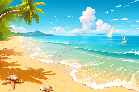 金色海边海边的风景插画