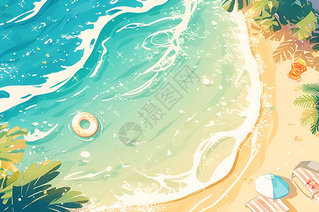 夏日树叶游泳圈夏日海滩插画
